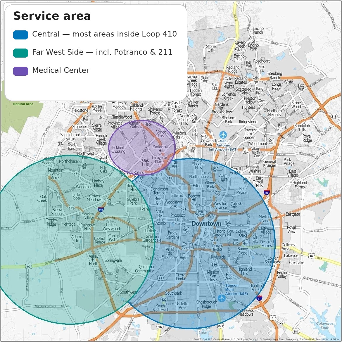 Awoo Crew Petcare service area map: Central, Far West Side, and Medical Center zones in San Antonio
