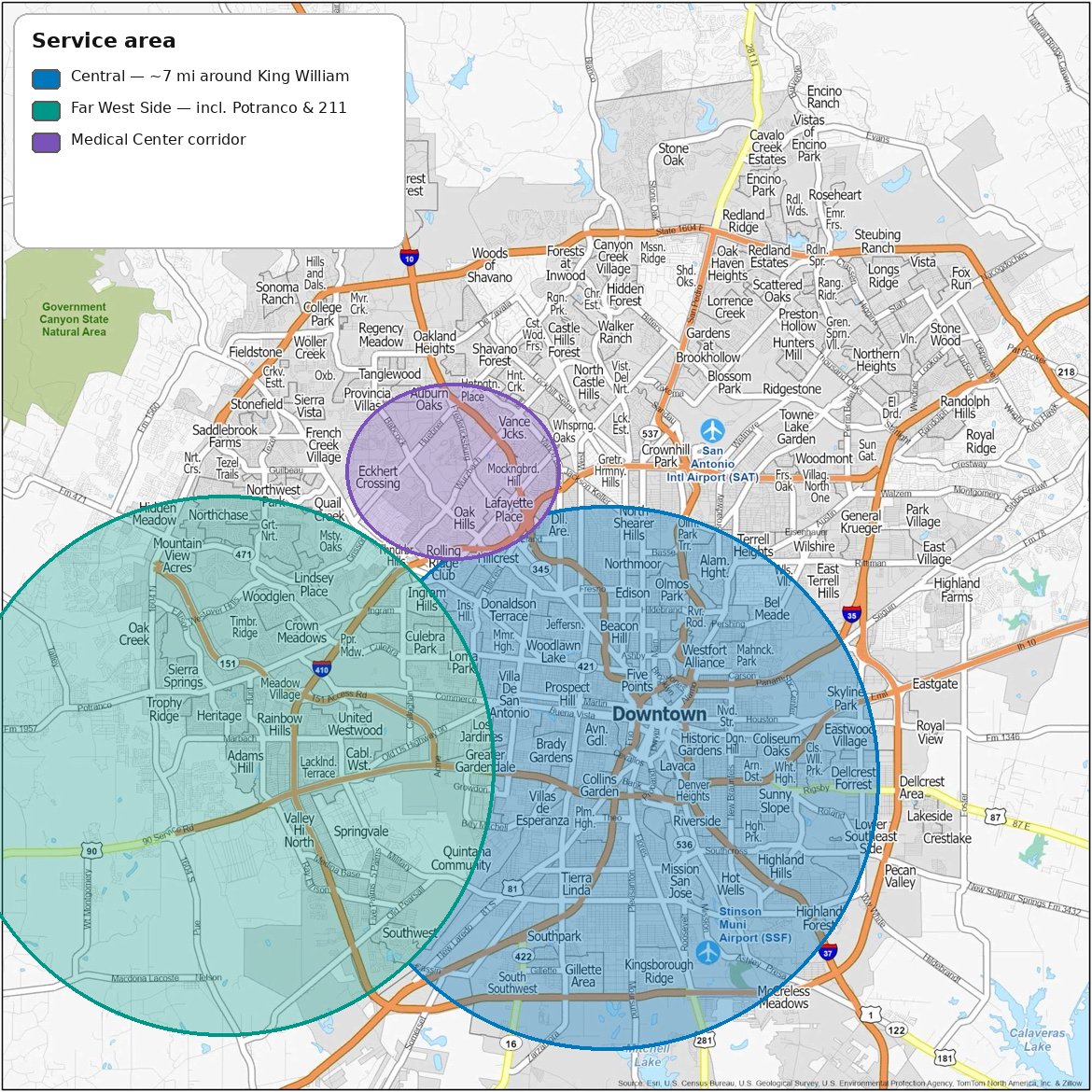 Awoo Crew Petcare service area map: Central, Far West Side, and Medical Center corridor zones in San Antonio